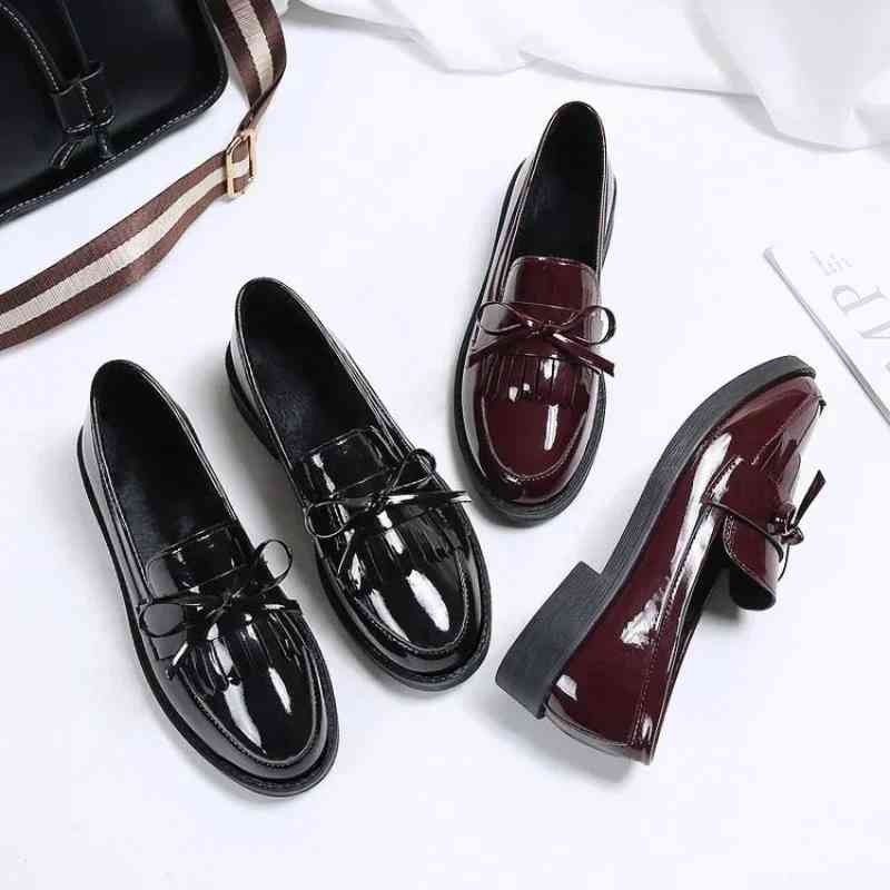 Womens Shoes Patent Leather Women Loafers British Tassel Casual Female Flat Shoes