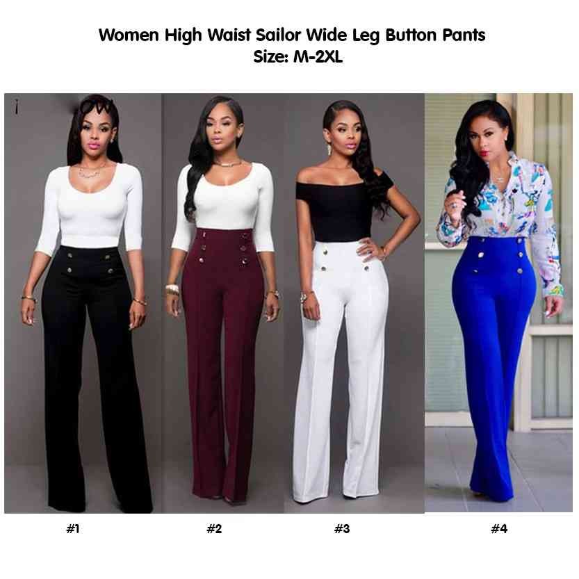 Casual high waist long pants women office lady elegant Button straight leg trousers