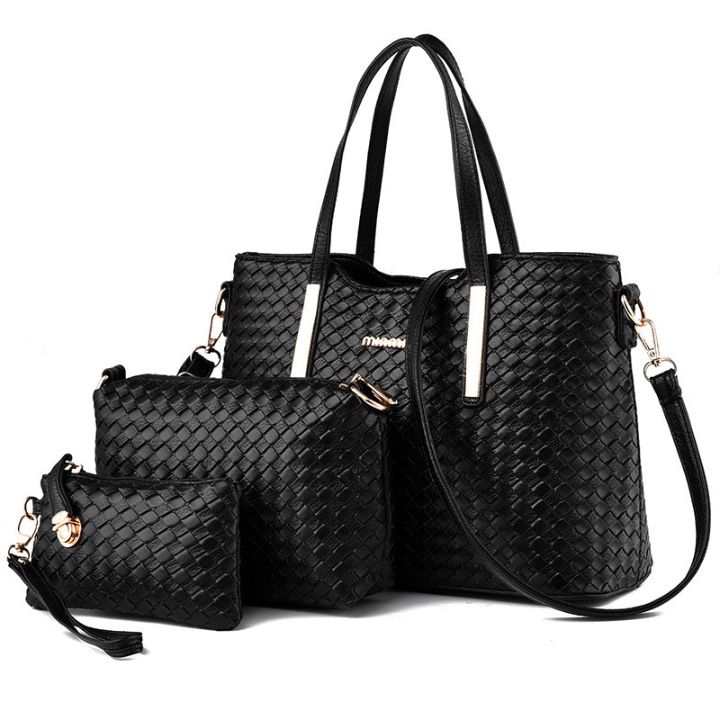 Trend large-capacity braided handbag leather messenger bag three sets of single shoulder bag