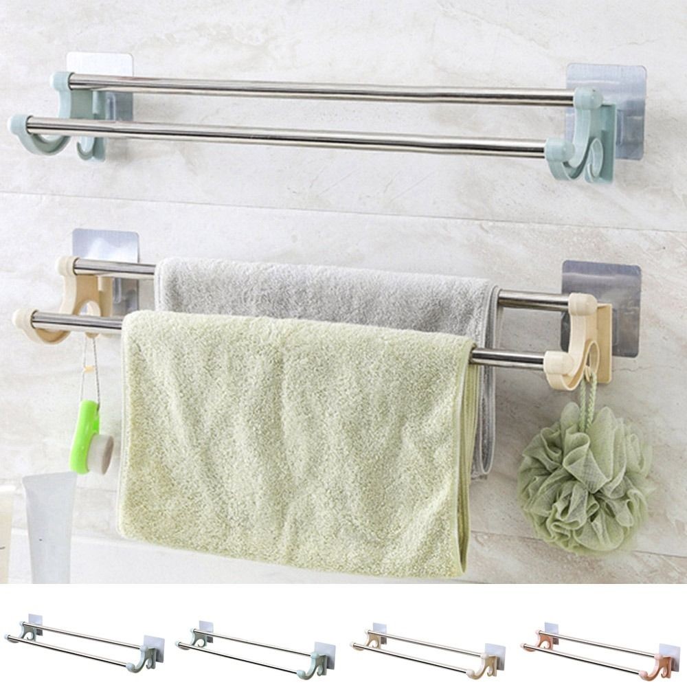 Punch-free Double Rod Towel Bar Traceless Wall Mounted Towel Rack Shelf