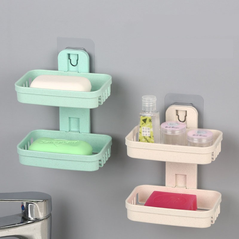 Wall Mounted Double Layer Soap Dish Draining Holder Sponge Storage Organizer Rack Shelves