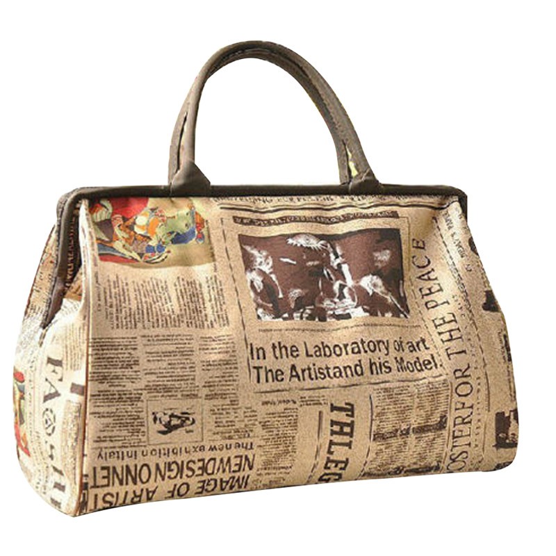 Retro Travel Luggage Handbag Newspaper Printing Vintage Top-Handle Bags Water-Repellent