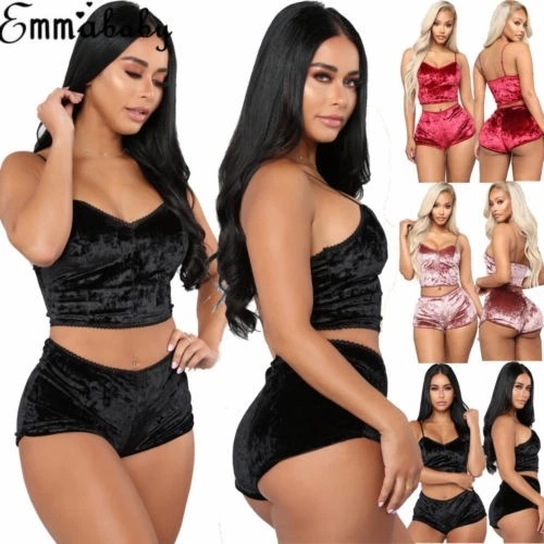 2 Pieces Pyjamas Women Solid Soft Sexy Nightwear Suit Velvet Lingerie Set Pleated Sleepwear