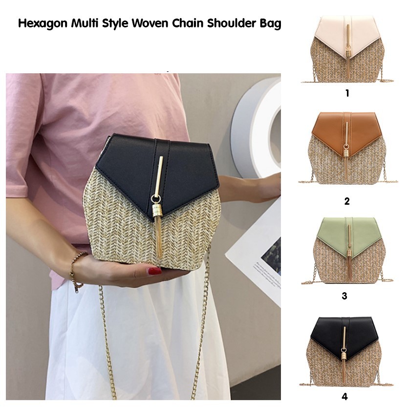 Hexagon Mulit Style Straw+leather Handbag Women Summer Rattan Bag Handmade Woven Beach Circle Bohemia Shoulder Bag