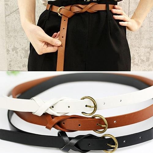 Women's Skinny Vintage Casual Simple Thin Waist Belt Faux Leather Metal Buckle