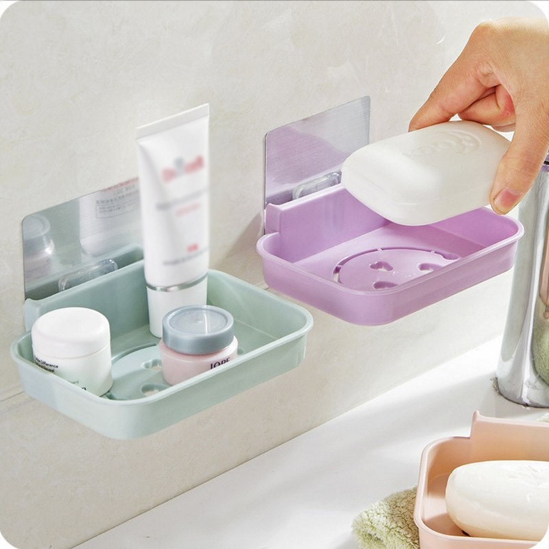 1pc Seamless Trace Wall-Mounted Soap Box Hollow Smile Face Drainage Soap Dish Tray Bathroom Storage