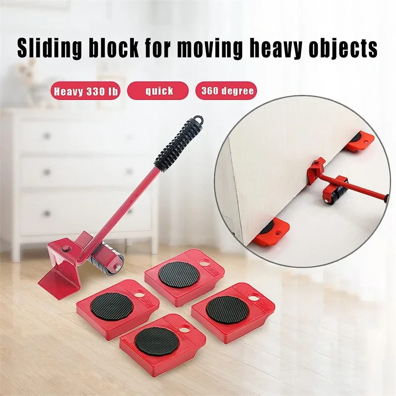 5PCS Furniture Lifting Tool Heavy Stuffs Moving Roller Lifter Furniture Move Transport Tools Portable Wardrobe Sofa Slides Kit