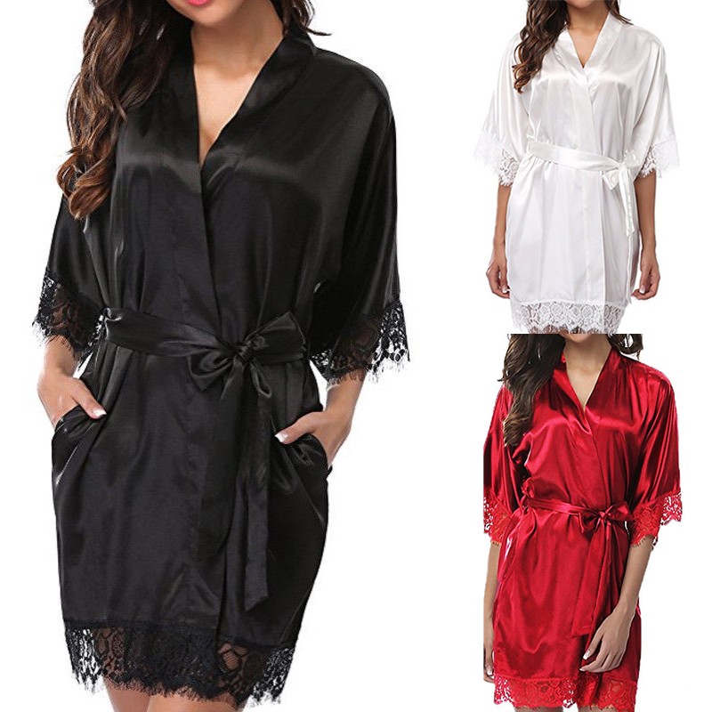 Women Iace Silk Pajamas Robes Sleepwear Nightgowns Half Sleeve Nightdress Lace Bathrobe Smooth Soft Comfortable