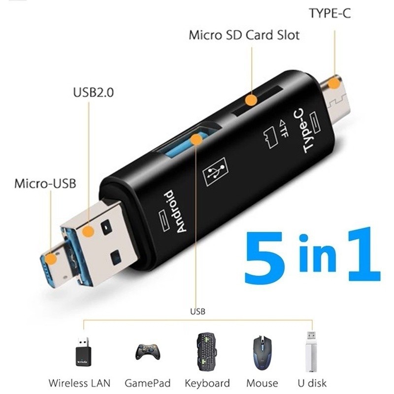 5 in 1 Multifunction Memory Card Reader Usb 2.0 Type C/Usb /Micro Usb/Tf/SD OTG Card Reader Adapter Mobile Phone Accessories