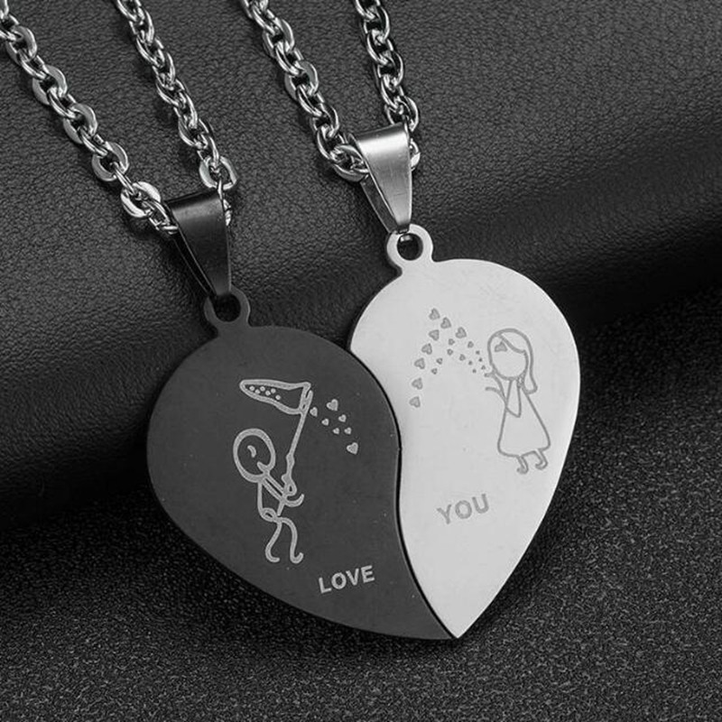 Lovers Heart Shape Couple Necklace Titanium Steel Choker Pendant Jewelry Valentine's Day Memorial Friendship