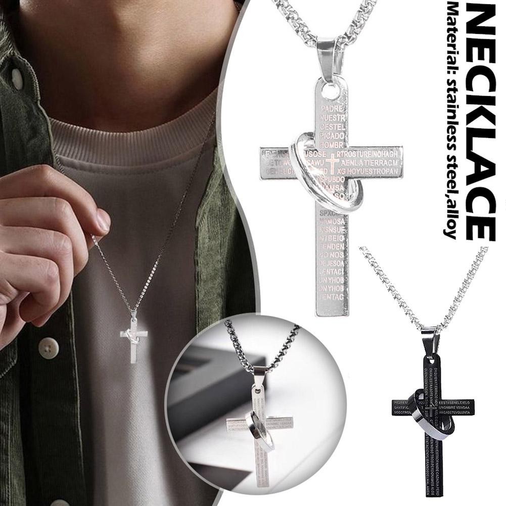 Retro Christian Titanium Scripture Cross Necklace Men Boys Stainless Steel Bible Pendant Chain