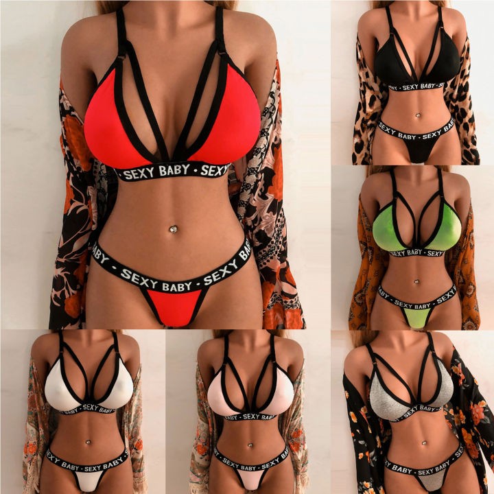 Women's Sexy Lingerie Set Letter Erotic Bikini Plus Size Push Up Bra and Thong Sexy Bra Set Micro Bikini Lingerie