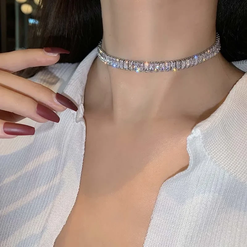 Luxury Shiny Zircon Square Choker Necklaces for Women Exquisite Crystal Short Sexy Necklace