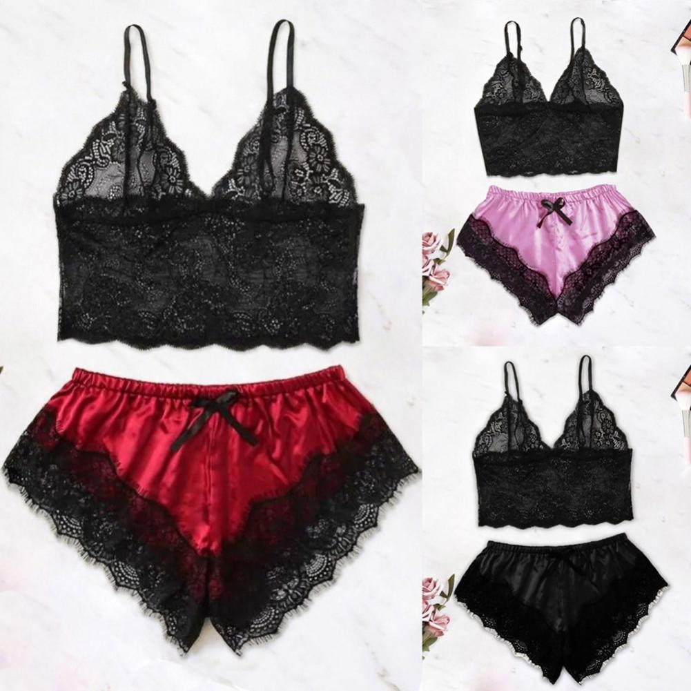 Women Pajama Suit Sext Satin Camisole Shorts Set V Neck Babydoll Lace Bowknot Pyjamas Sleep Shorts Set Sleepwear Lingerie