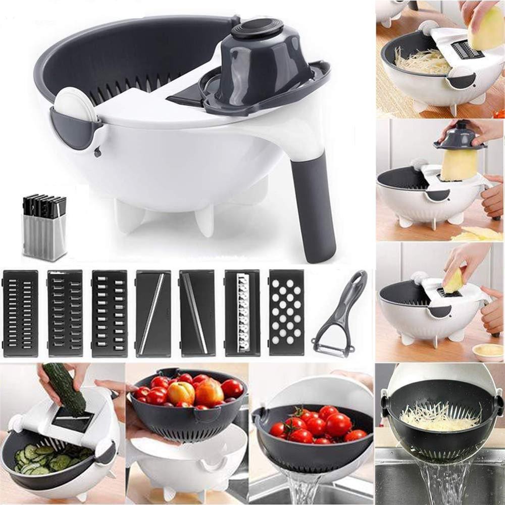 9 in 1 Multifunctional Magic Rotate Vegetable Slicer with 2L Drain Basket Veggie Fruit Shredder Grater Slicer