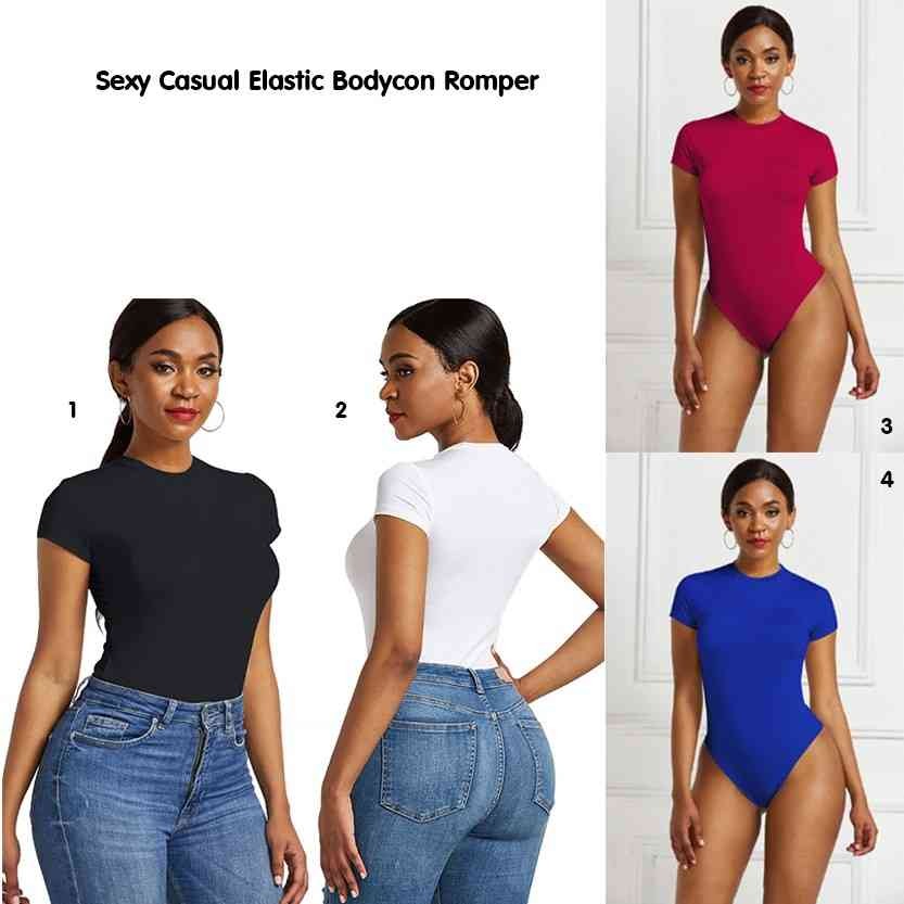 Solid One Piece Bodysuit Short Sleeve O Neck Sexy Open Basic Jumpsuit Women Tight Fitting Body Top