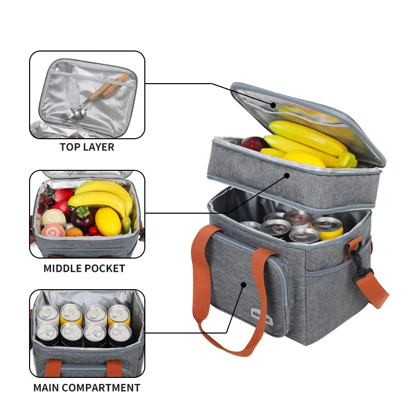 12.5L Double Layer Insulated Lunch Bag High Capacity Picnic Bento Box Meal Pouch Food Thermal Cooler Delivery Bag