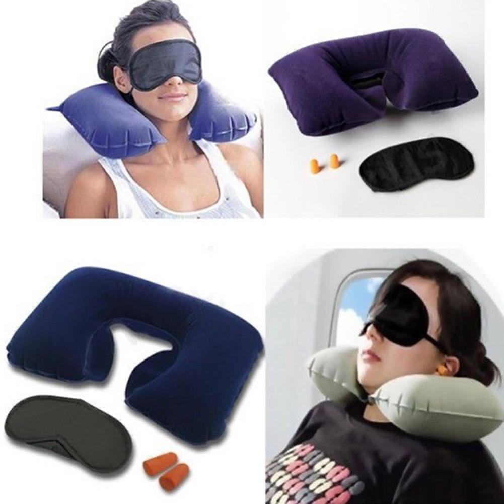 Inflatable Travel Flight Pillow Neck U Rest Air Cushion+ Eye Mask + Earplug