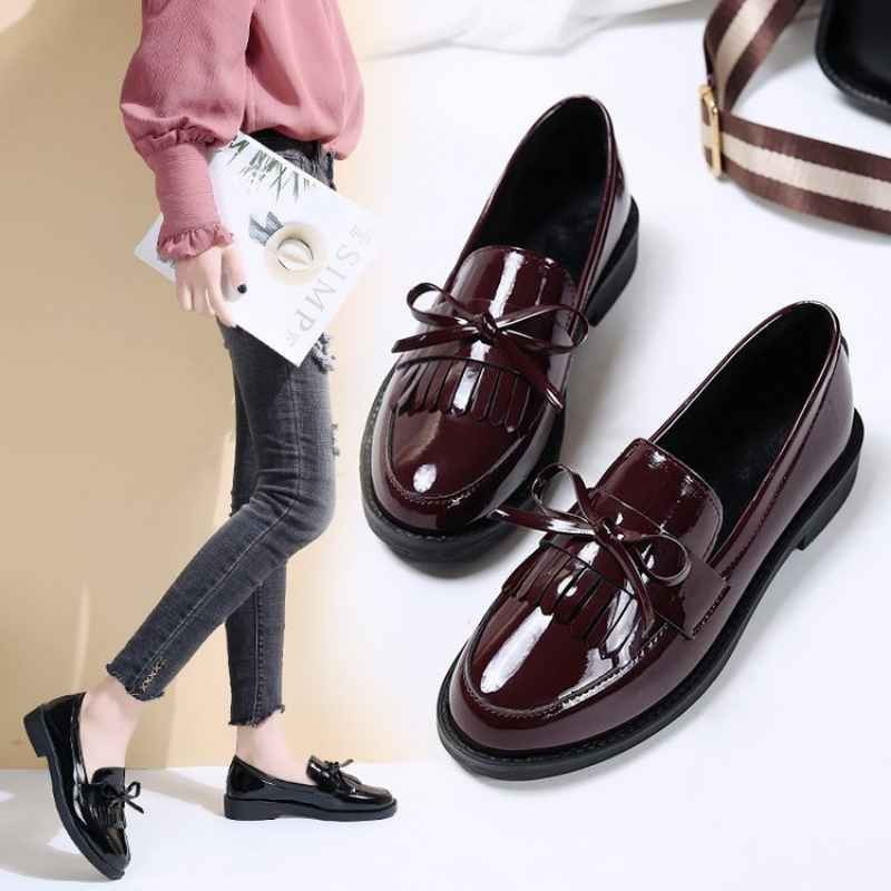 Leather loafers women slip-on casual bowknot flats shoes