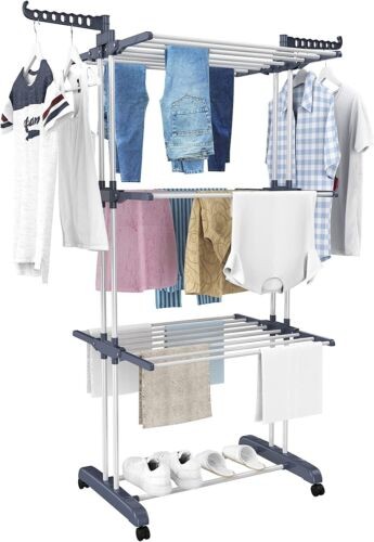 Foldable 3 tier rolling collapsible clothes drying rack stand indoor outdoor dark grey metal laundry rack